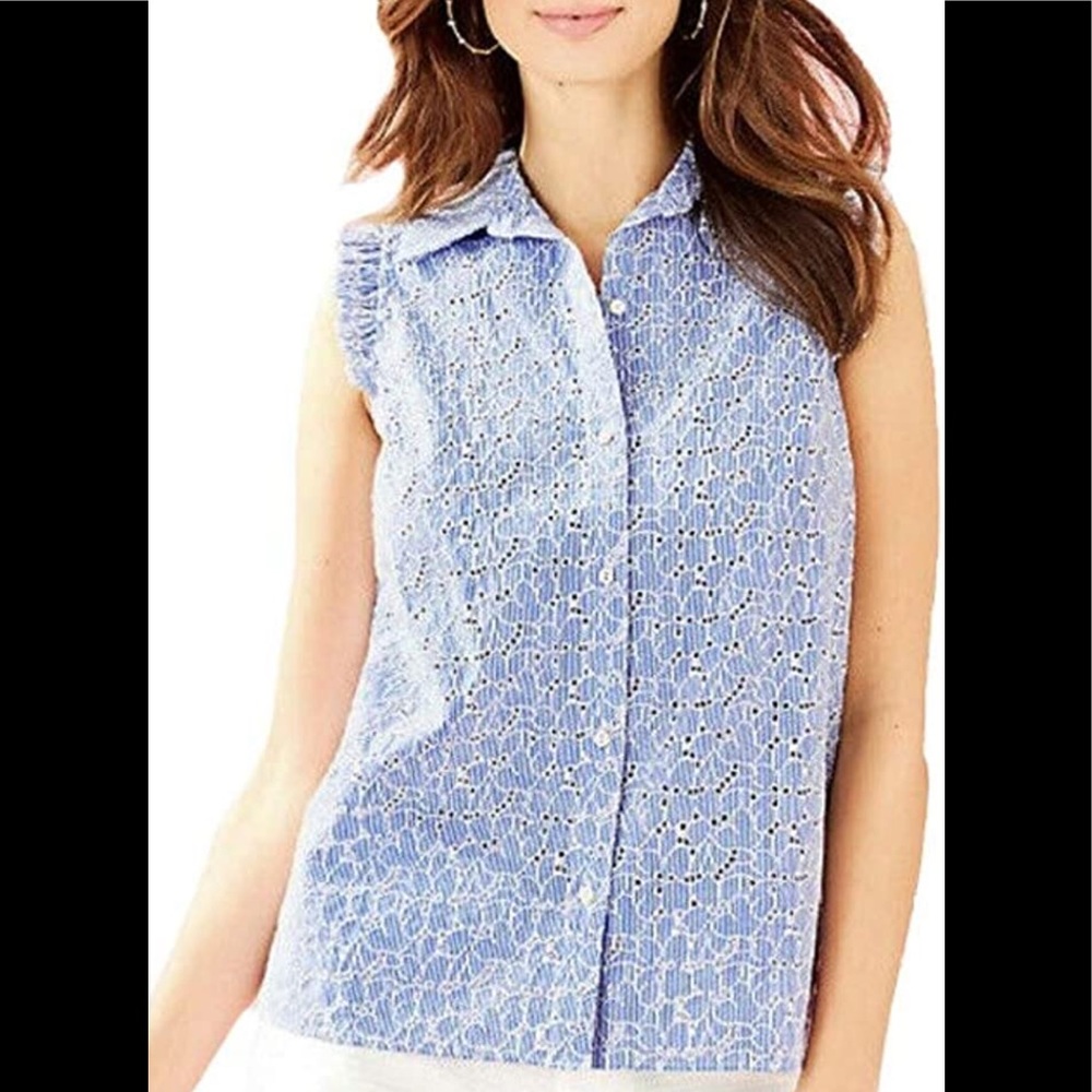 Lilly Pulitzer Lenox Button Down Stripe Eyelet Top, sz 6, NWT